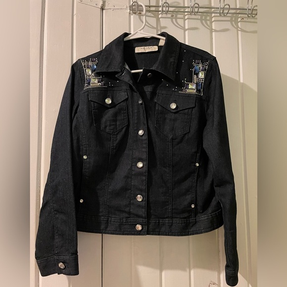 Chico’s platinum denim bling jacket size 1 =medium (8) like new - Picture 1 of 12